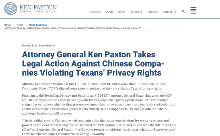 Texas AG Ken Paxton Puts CCP-Affiliated Tech Giants on Notice for Privacy Violations Under New State Law